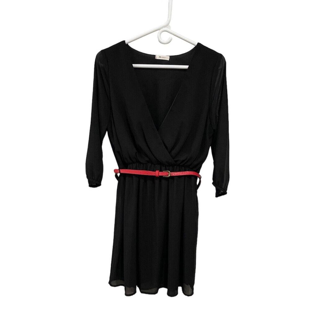 EVERLY Women's Size L Black Surplice Neck Dress Sheer 3/4 Sleeves Red Belt Lined